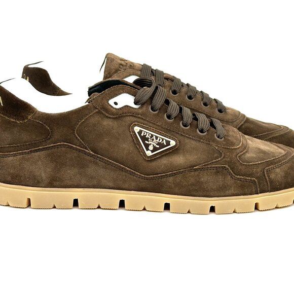 PRADA Mens Trail Triangle Logo Suede Lace Up Low Top Sneakers Shoes Moro - Picture 10 of 15